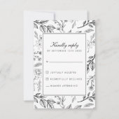 Bloemen Botanische Zwart Wit Huwelijk RSVP Kaartje (Voorkant)