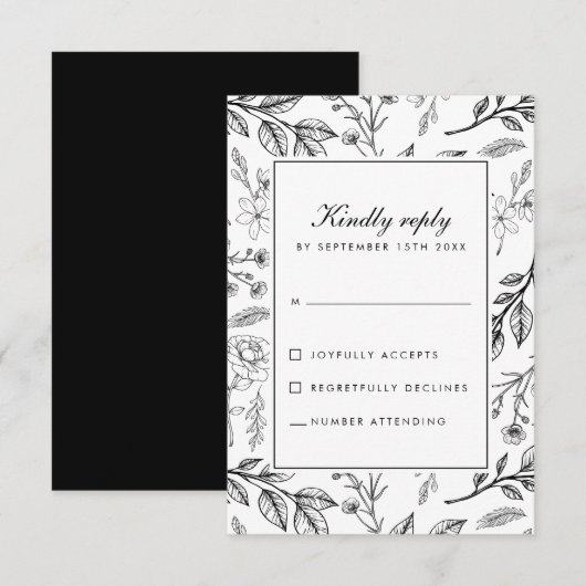 Bloemen Botanische Zwart Wit Huwelijk RSVP Kaartje (Voorkant / Achterkant)