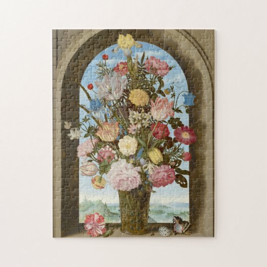 Bloemen bouquet vase door raammiddeleeuws schilder legpuzzel (Verticaal)