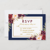 Bloemen Bourgogne Blauw Goud Bruiloft RSVP (Voorkant)