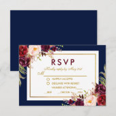 Bloemen Bourgogne Blauw Goud Bruiloft RSVP (Voorkant / Achterkant)