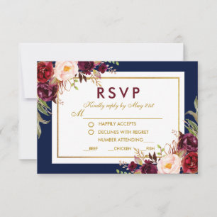 Bloemen Bourgogne Blauw Goud Bruiloft RSVP Kaartje