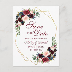 Bloemen Bourgogne Blauw Goud Lijst Save the Date Aankondigingskaart