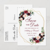 Bloemen Bourgogne Blauw Goud Lijst Save the Date Aankondigingskaart (Voorkant / Achterkant)