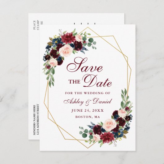 Bloemen Bourgogne Blauw Goud Lijst Save the Date Aankondigingskaart (Voorkant / Achterkant)