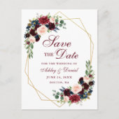 Bloemen Bourgogne Blauw Goud Lijst Save the Date Aankondigingskaart (Voorkant)