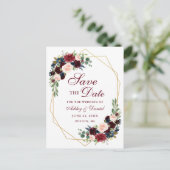 Bloemen Bourgogne Blauw Goud Lijst Save the Date Aankondigingskaart (Staand voorkant)