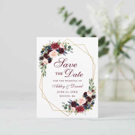 Bloemen Bourgogne Blauw Goud Lijst Save the Date Aankondigingskaart (Staand voorkant)