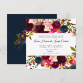 Bloemen Bourgogne Blush Navy Waterverf bruiloft Kaart (Voorkant / Achterkant)