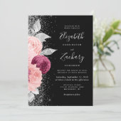 Bloemen Bourgogne Blush Zilver Zwart QR Code Huwel Kaart (Staand voorkant)