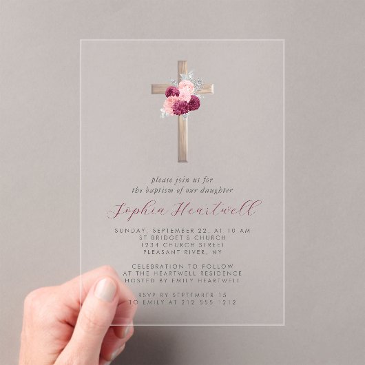 Bloemen Bourgogne Blush Zilveren Kruis Meisje Doop Acryl Uitnodigingen (Insitu (Draagbaar))