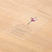 Bloemen Bourgogne Blush Zilveren Kruis Meisje Doop Acryl Uitnodigingen (Laagn)