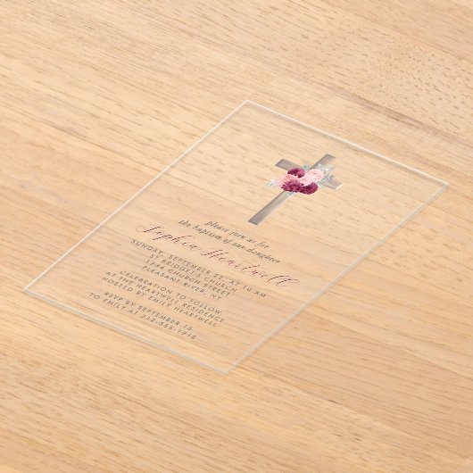 Bloemen Bourgogne Blush Zilveren Kruis Meisje Doop Acryl Uitnodigingen (Laagn)