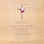 Bloemen Bourgogne Blush Zilveren Kruis Meisje Doop Acryl Uitnodigingen (Voorkant)