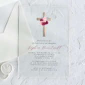 Bloemen Bourgogne Blush Zilveren Kruis Meisje Doop Acryl Uitnodigingen