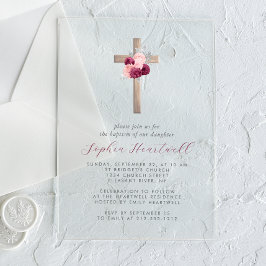 Bloemen Bourgogne Blush Zilveren Kruis Meisje Doop Acryl Uitnodigingen