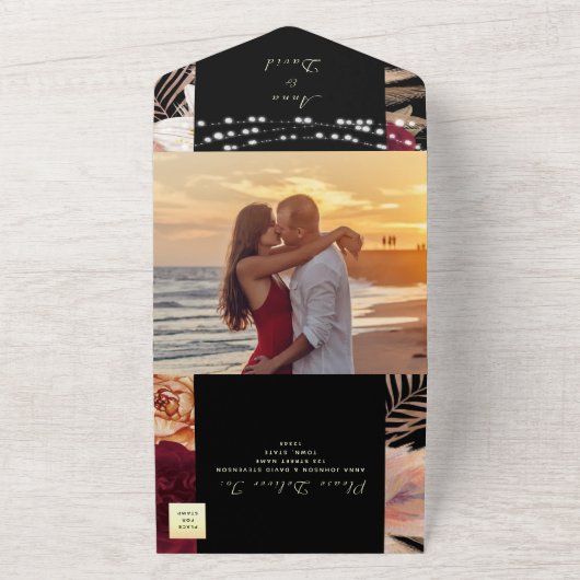 Bloemen Bourgogne en zwart gotische bruiloft All In One Uitnodiging (Buitenkant)