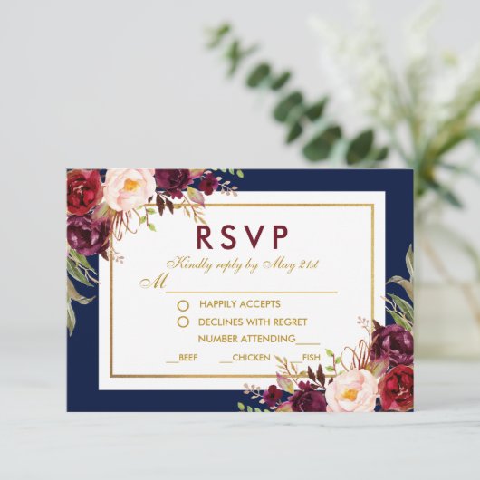 Bloemen Bourgogne Goud Blauw Bruiloft RSVP (Staand voorkant)