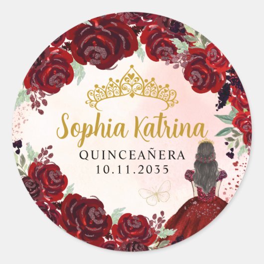 Bloemen Bourgogne Goud Quinceanera Verjaardagsguns Ronde Sticker (Voorkant)