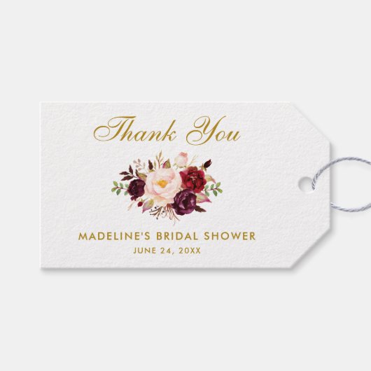 Bloemen Bourgogne Goud Vrijgezellenfeest Bedankt Cadeaulabel (Voorkant (Horizontaal))