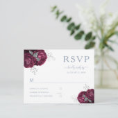 Bloemen Bourgogne Stoffig Blauw Bruiloft RSVP Briefkaart (Staand voorkant)
