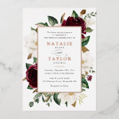 Bloemen Bourgogne Wit Elegant Lijst Roos Goud Folie Uitnodiging (Voorkant)