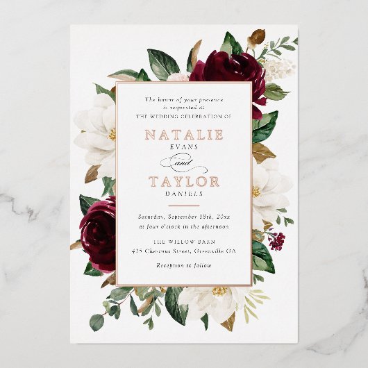 Bloemen Bourgogne Wit Elegant Lijst Roos Goud Folie Uitnodiging (Voorkant)