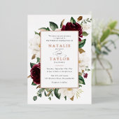 Bloemen Bourgogne Wit Elegant Lijst Roos Goud Folie Uitnodiging (Staand Voorkant)