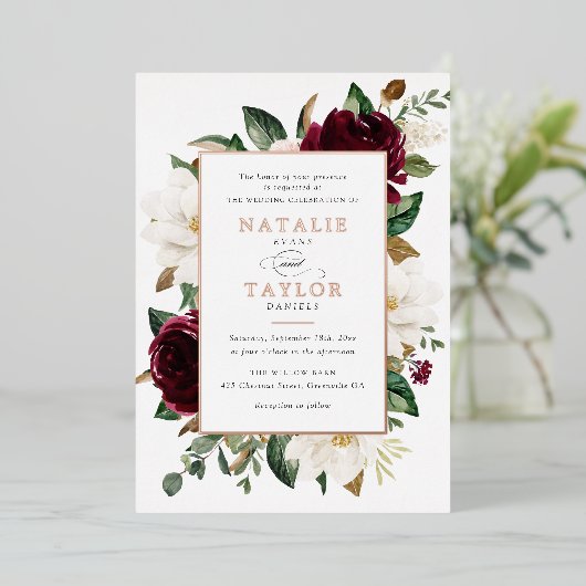 Bloemen Bourgogne Wit Elegant Lijst Roos Goud Folie Uitnodiging (Staand Voorkant)