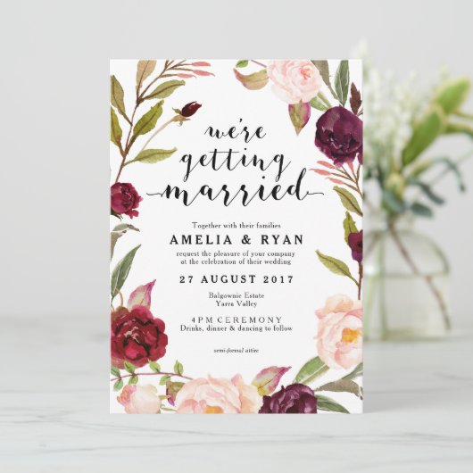 Bloemen Bourgondië blad bruiloft uitnodiging (Staand voorkant)