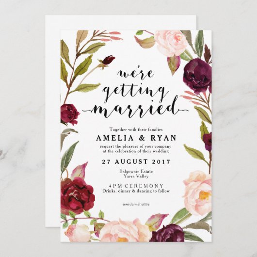 Bloemen Bourgondië blad bruiloft uitnodiging (Voorkant / Achterkant)