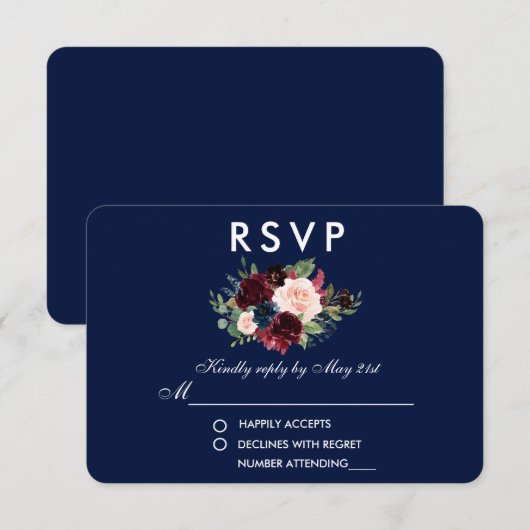 Bloemen Bourgondië Blauw Bruiloft RSVP (Voorkant / Achterkant)