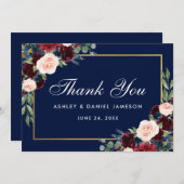 Bloemen Bourgondië Blauw Goud Bruiloft Bedankkaart (Voorkant / Achterkant)