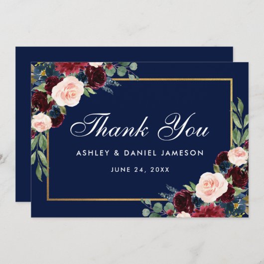 Bloemen Bourgondië Blauw Goud Bruiloft Bedankkaart (Voorkant / Achterkant)