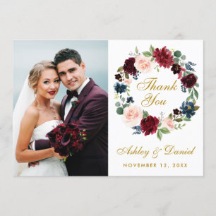 Bloemen Bourgondië Blauw krans Bruiloft Gouden Bed Bedankkaart