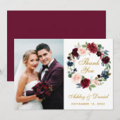 Bloemen Bourgondië Blauw krans Bruiloft Gouden Bed Bedankkaart (Voorkant / Achterkant)