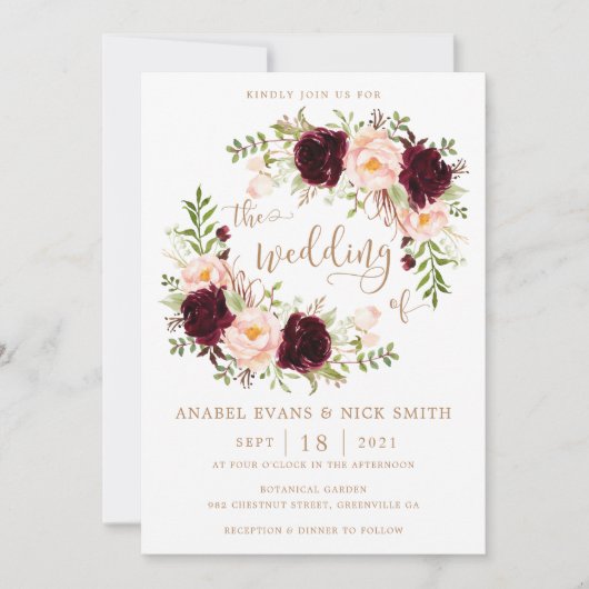 Bloemen Bourgondië Blush Elegante Typografie Bruil Kaart (Voorkant)