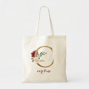Bloemen Bourgondië Blush Goud Monogram Letter "C" Tote Bag