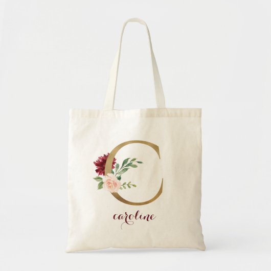 Bloemen Bourgondië Blush Goud Monogram Letter "C" Tote Bag (Voorkant)
