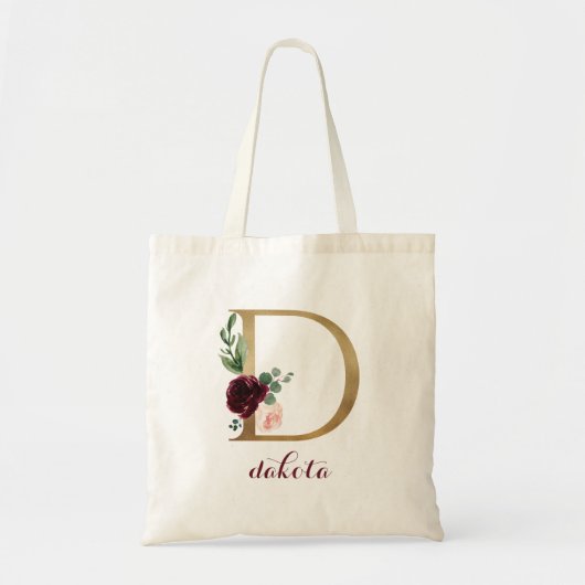 Bloemen Bourgondië Blush Goud Monogram Letter "D" Tote Bag (Voorkant)
