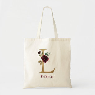 Bloemen Bourgondië Blush Goud Monogram Letter "L" Tote Bag