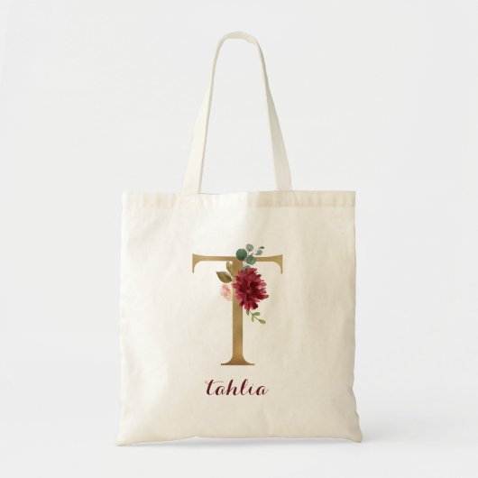 Bloemen Bourgondië Blush Goud Monogram Letter "T" Tote Bag (Voorkant)