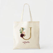 Bloemen Bourgondië Blush Goud Monogram Letter "U" Tote Bag (Voorkant)