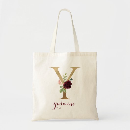 Bloemen Bourgondië Blush Goud Monogram Letter "Y" Tote Bag (Voorkant)