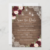Bloemen Bourgondië Blush Lace Wood Save the Date Kaart (Voorkant)