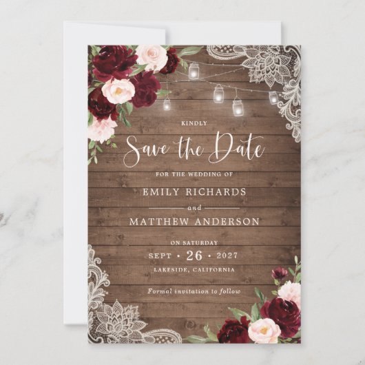 Bloemen Bourgondië Blush Lace Wood Save the Date Kaart (Voorkant)