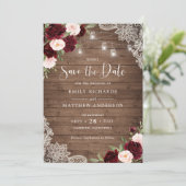 Bloemen Bourgondië Blush Lace Wood Save the Date Kaart (Staand voorkant)