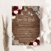 Bloemen Bourgondië Blush Lace Wood Save the Date Kaart