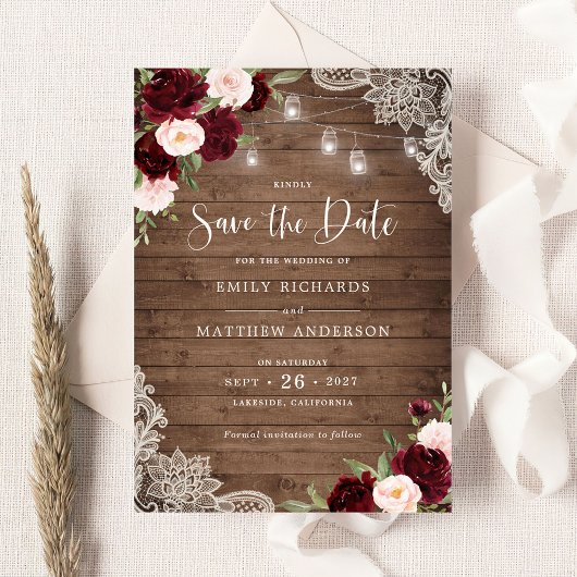 Bloemen Bourgondië Blush Lace Wood Save the Date Kaart