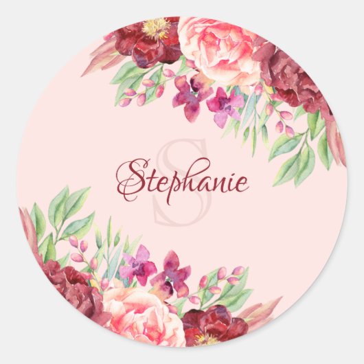 Bloemen Bourgondië Blush Monogram Ronde Sticker (Voorkant)